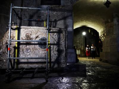 A stone slab said to be the decorated frontal of the Crusader-era high altar of the Church of the Holy Sepulchre is seen in Jerusalem's Old City. Ronen Zvulun/Reuters